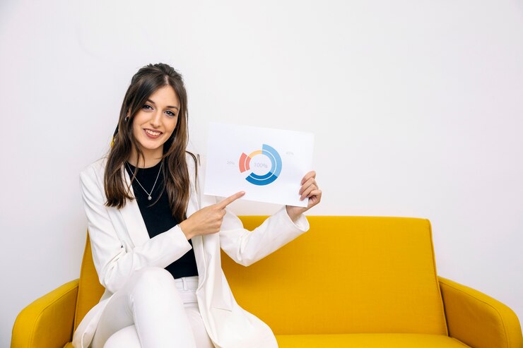 Foto grátis jovem empresária sentado no sofá amarelo, mostrando o gráfico