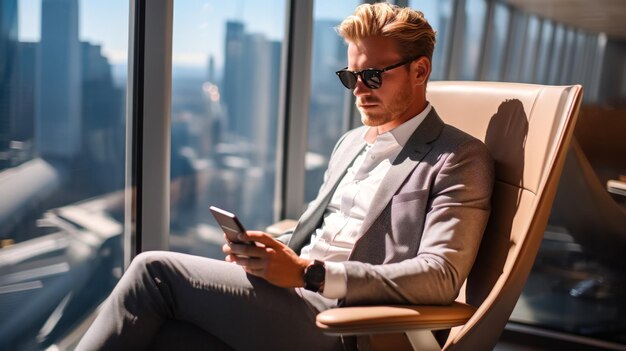 Jovem empresário sério lendo uma mensagem em um smartphone no escritório perto da janela trabalhando