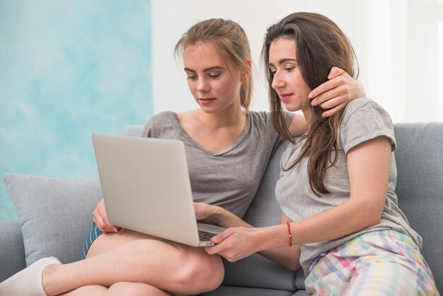 Jovem, encantador, par lésbica, sentar sofá, usando computador portátil