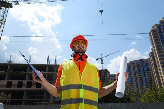 Jovem engenheiro civil com chapéu de segurança