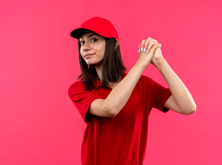 Foto grátis jovem entregadora de camisa pólo vermelha e boné de mãos dadas, fazendo gesto de trabalho em equipe, parecendo confiante em pé sobre um fundo rosa