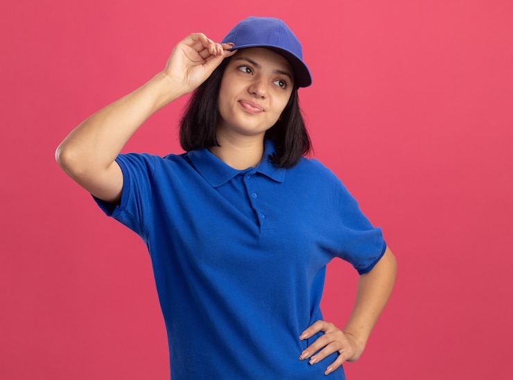 Foto grátis jovem entregadora insatisfeita de uniforme azul e boné olhando para o lado perplexa em pé sobre uma parede rosa