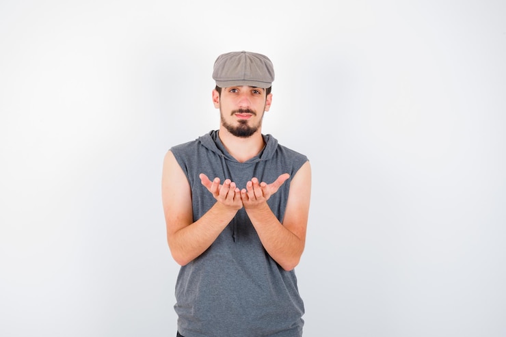Foto grátis jovem, estendendo a mão e segurando algo com uma camiseta cinza e boné, parecendo sério