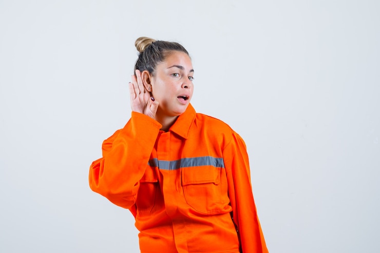 Foto grátis jovem fêmea com uniforme de trabalhador, ouvindo sons e olhando concentrada, vista frontal.