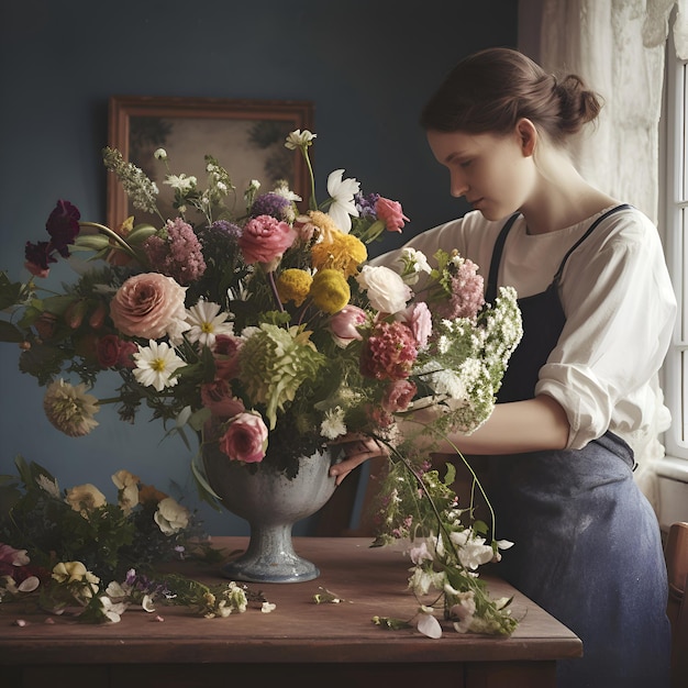 Foto grátis jovem florista fazendo um belo buquê em sua oficina