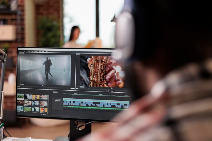 Foto grátis jovem freelancer editando imagens em software, trabalhando para editar montagem de vídeo com gradação de cores e efeitos de áudio. conteúdo de produção de som e filme, fazendo filme criativo no computador.