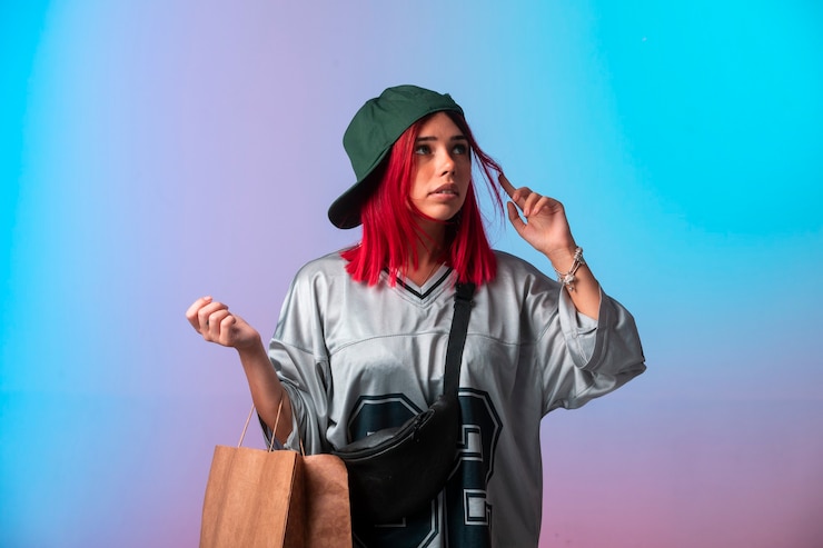 Foto grátis jovem garota com cabelos rosa, indo das compras.