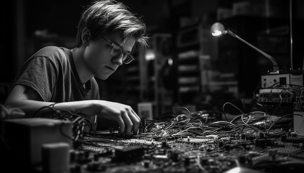 Foto grátis jovem homem caucasiano reparando equipamentos de metal dentro de casa gerados por ia