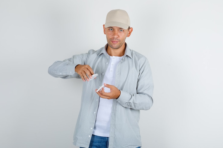 Foto grátis jovem homem com camisa e boné segurando cartas de jogar e sorrindo