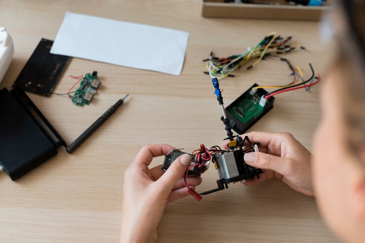 Foto grátis jovem inventora em sua oficina