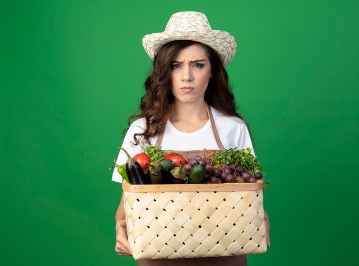 Foto grátis jovem jardineira descontente de uniforme, usando chapéu de jardinagem, segurando uma cesta de vegetais isolada na parede verde