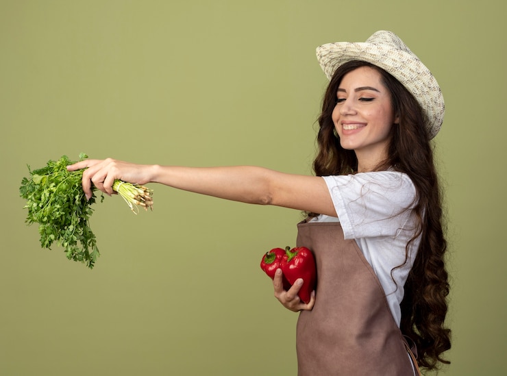 Foto grátis jovem jardineira sorridente de uniforme usando chapéu de jardinagem segura coentro e pimentão vermelho isolado na parede verde oliva