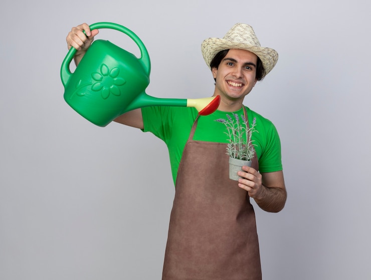 Foto grátis jovem jardineiro sorridente de uniforme, usando chapéu de jardinagem, regando uma flor em um vaso de flores com um regador