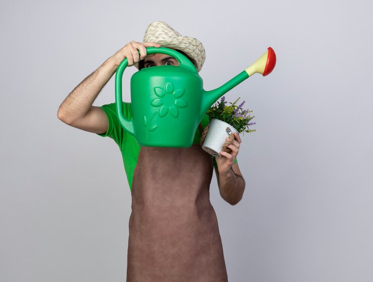 Foto grátis jovem jardineiro surpreso em uniforme, usando um chapéu de jardinagem, segurando uma flor em um vaso de flores e cobrindo o rosto com um regador