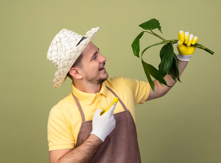 Foto grátis jovem jardineiro vestindo macacão e chapéu em luvas de trabalho segurando uma planta apontando com o dedo indicador para ela e sorrindo alegremente em pé sobre a parede de luz