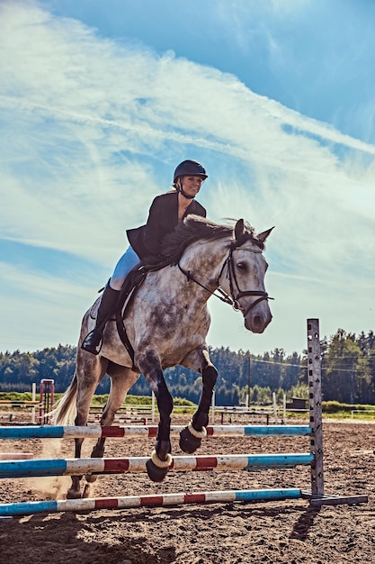 Foto grátis jovem jóquei feminino no cavalo cinza malhado pulando obstáculo na arena aberta.