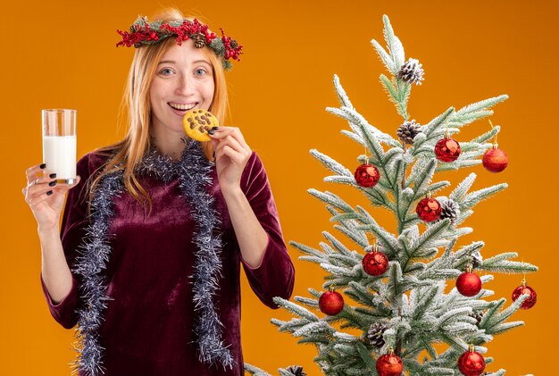 Jovem linda sorridente em pé perto da árvore de Natal com vestido vermelho e grinalda com guirlanda no pescoço segurando um copo de leite e experimentando biscoitos isolados em fundo laranja