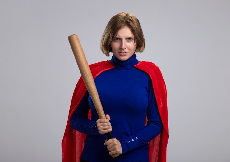 Foto grátis jovem loira super-heroína carrancuda com uma capa vermelha segurando um taco de beisebol isolado na parede branca com espaço de cópia