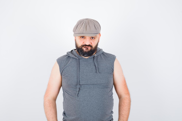 Foto grátis jovem macho posando em pé com um capuz sem mangas, boné e parecendo confiante. vista frontal.