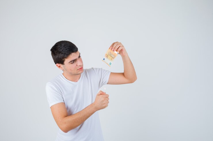 Foto grátis jovem macho queimando closeup de notas de euro em t-shirt e olhando alegre, vista frontal.