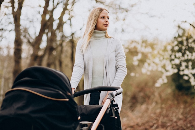 Foto grátis jovem mãe andando com carrinho de bebê no parque