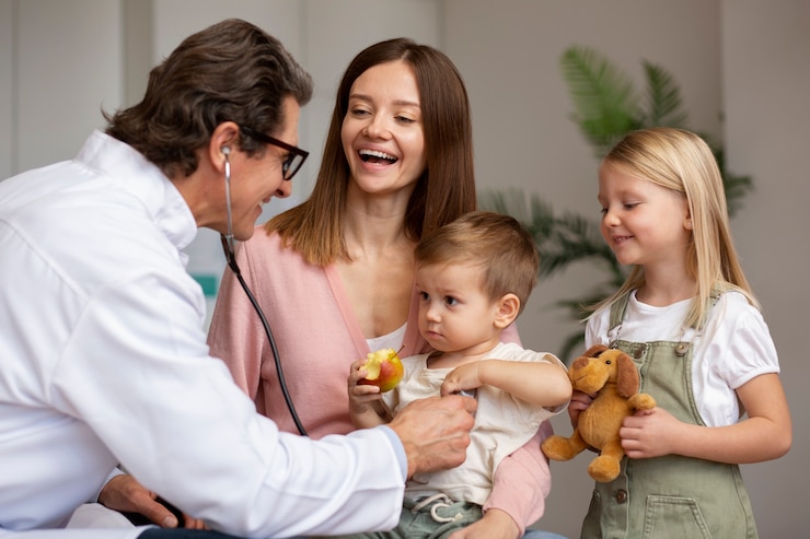Foto grátis jovem mãe com seus filhos em uma consulta com o pediatra