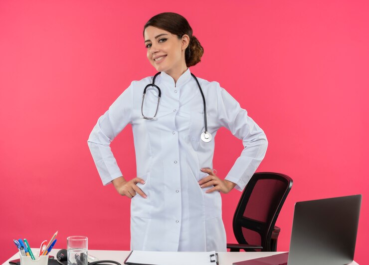 Foto grátis jovem médica sorridente, vestindo túnica médica com estetoscópio em pé atrás da mesa de trabalho no computador com ferramentas médicas, colocando as mãos no quadril com espaço de cópia
