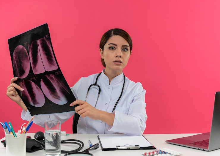 Foto grátis jovem médica surpreendida vestindo túnica médica com estetoscópio sentada na mesa de trabalho no computador com ferramentas médicas segurando um raio-x com espaço de cópia