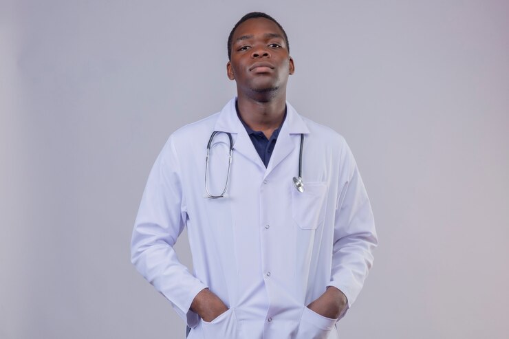 Foto grátis jovem médico afro-americano vestindo um jaleco branco com estetoscópio em volta do pescoço isolado fundo rosa claro com as mãos em sua jaqueta e um olhar sério