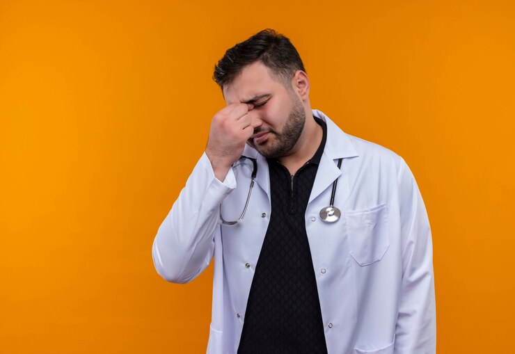 Foto grátis jovem médico barbudo vestindo jaleco branco com estetoscópio, parecendo cansado e entediado tocando o nariz com os olhos fechados