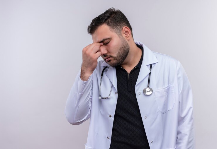 Foto grátis jovem médico barbudo vestindo jaleco branco com estetoscópio, parecendo cansado e entediado tocando o nariz com os olhos fechados