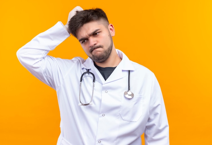 Foto grátis jovem médico bonito usando jaleco branco, luvas médicas e estetoscópio, parecendo confuso, coçando a cabeça com a mão em pé sobre a parede laranja