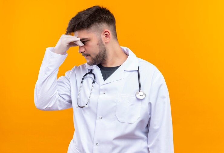 Foto grátis jovem médico bonito usando um avental médico branco, luvas médicas brancas e estetoscópio, olhando com raiva e pensativo, além de ficar de pé sobre a parede laranja