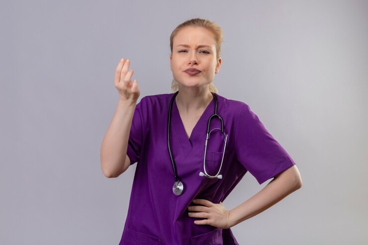Foto grátis jovem médico vestindo bata médica roxa e estetoscópio mostra um gesto delicioso na parede branca isolada