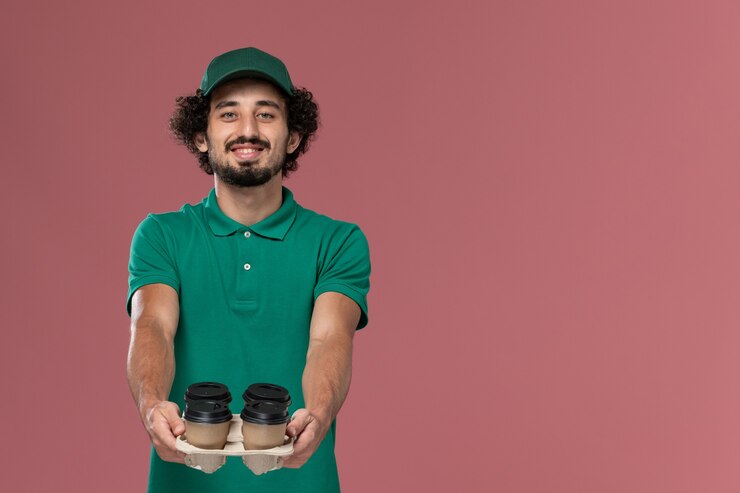 Foto grátis jovem mensageiro masculino de uniforme verde e capa segurando xícaras de café marrom com sorriso no fundo rosa serviço trabalho uniforme entregador trabalhador