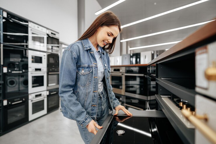 Foto grátis jovem morena escolhendo um novo fogão elétrico em um hipermercado