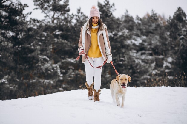 Jovem mulher andando com seu cachorro em um parque de inverno