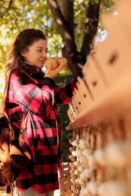 Foto grátis jovem mulher cheirando maçãs enquanto fazia compras no mercado de agricultores locais, compradora em pé perto da barraca escolhendo frutas e vegetais orgânicos frescos cultivados localmente enquanto visitava o festival da feira da colheita