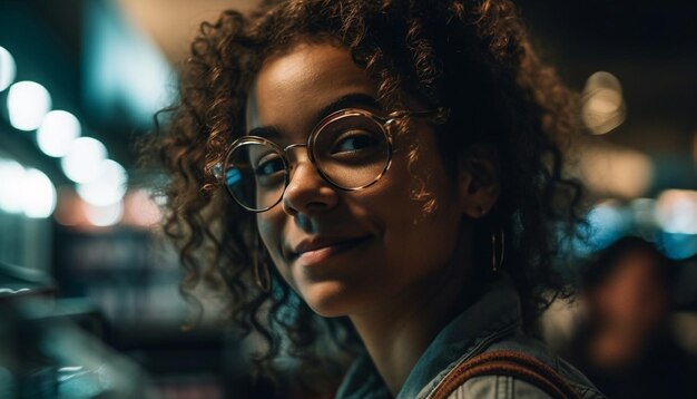 Jovem mulher com cabelo encaracolado sorrindo ao ar livre gerado por IA