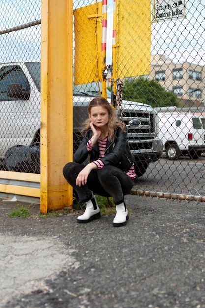 Foto grátis jovem mulher com roupas punk ao ar livre