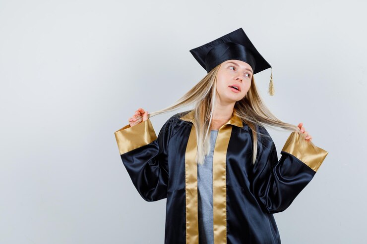 Foto grátis jovem mulher com uniforme de pós-graduação posando segurando mechas de cabelo e parecendo atraente