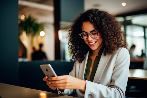 Foto grátis jovem mulher de negócios hispânica usando seu celular em um escritório