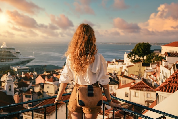 Jovem mulher em pé sobre uma plataforma cercada por cercas e observando lisboa durante o dia em portugal