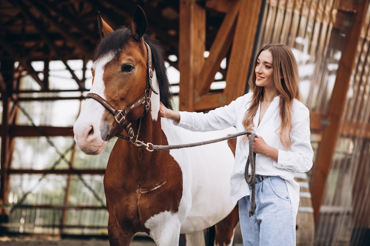 Foto grátis jovem mulher feliz com cavalo no rancho