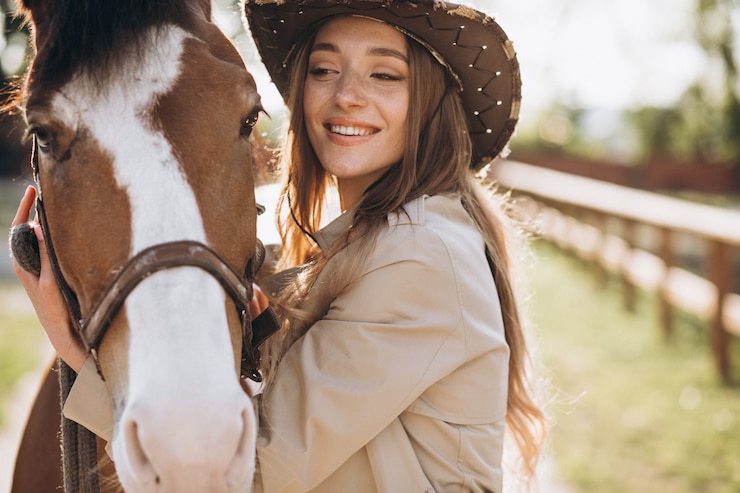 Foto grátis jovem mulher feliz com cavalo no rancho