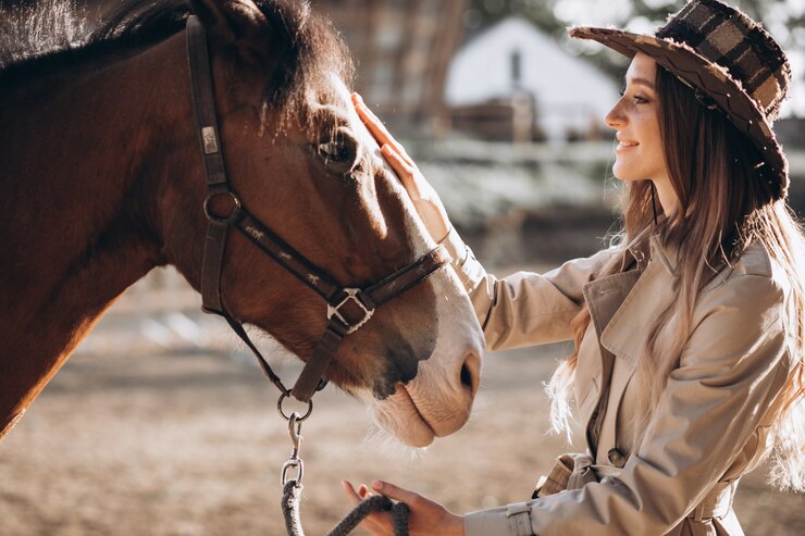 Foto grátis jovem mulher feliz com cavalo no rancho
