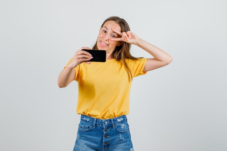Foto grátis jovem mulher mostrando o sinal v perto do olho enquanto tira uma selfie com camiseta, shorts e aparência engraçada