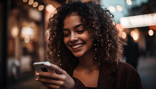 Jovem mulher segurando o telefone sorrindo com alegria gerada pela IA