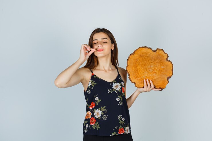 Foto grátis jovem mulher segurando um pedaço de madeira, mostrando um gesto saboroso na blusa e parecendo encantada. vista frontal.
