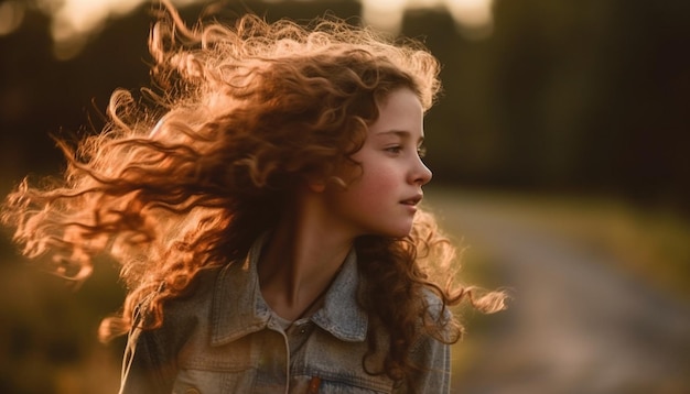 Jovem mulher sorrindo apreciando a beleza da natureza gerada pela IA